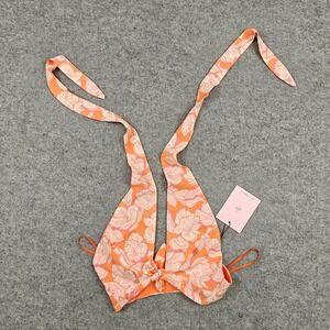 Hello Molly Bikini Swim Top Womens XS Orange Floral Halter Triangle HMC608 New